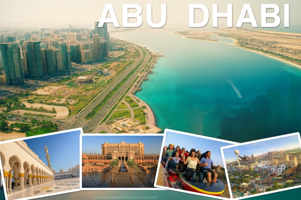 "Abu Dhabi city aerial view with skyline, Corniche Beach, and famous tourist attractions including Sheikh Zayed Grand Mosque, Emirates Palace, Ferrari World, and Yas Waterworld – UAE travel collage