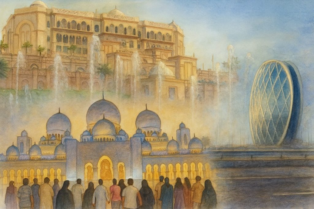 Abu Dhabi travel collage featuring Emirates Palace, Sheikh Zayed Grand Mosque, and Aldar Headquarters with vibrant lighting and fountains – UAE tourism attractions.