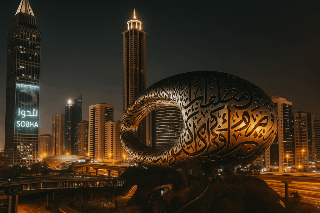 Dubai Museum of the Future at night skyline view