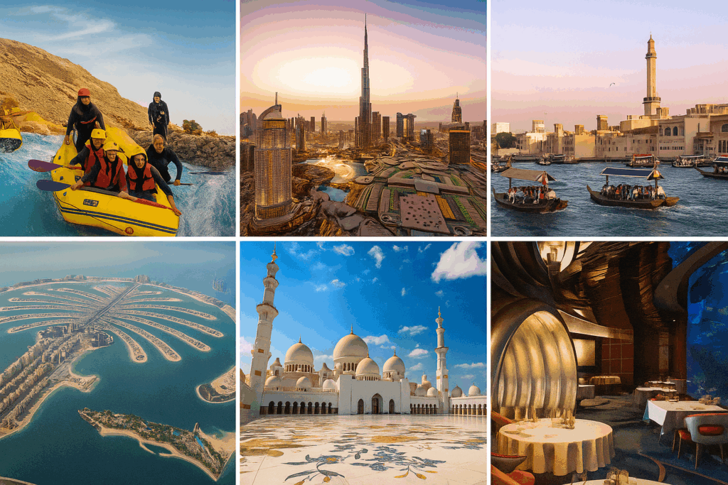 Top UAE attractions including Burj Khalifa, Sheikh Zayed Mosque, Palm Jumeirah, and adventure tours.