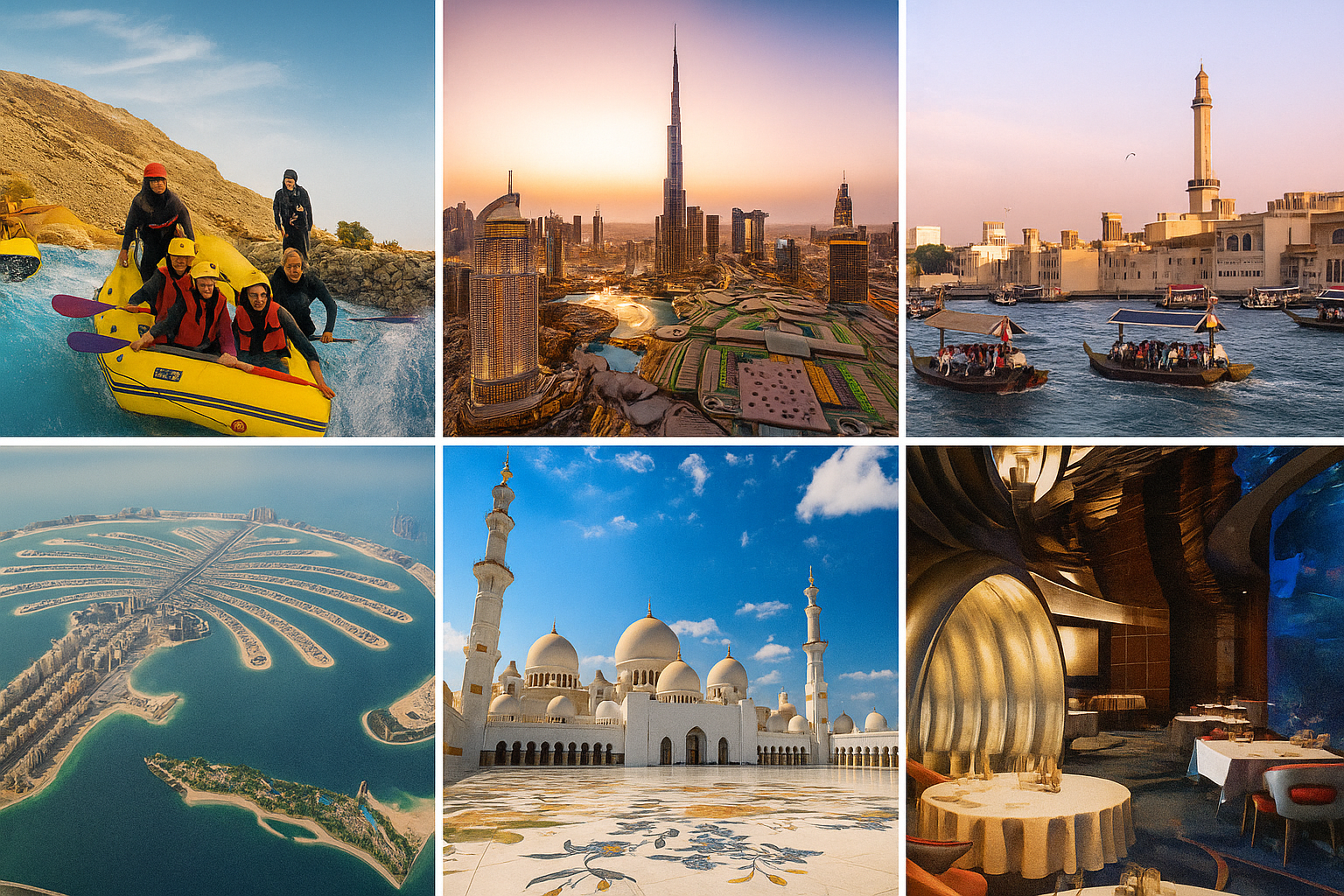 Top UAE attractions including Burj Khalifa, Sheikh Zayed Mosque, Palm Jumeirah, and adventure tours.