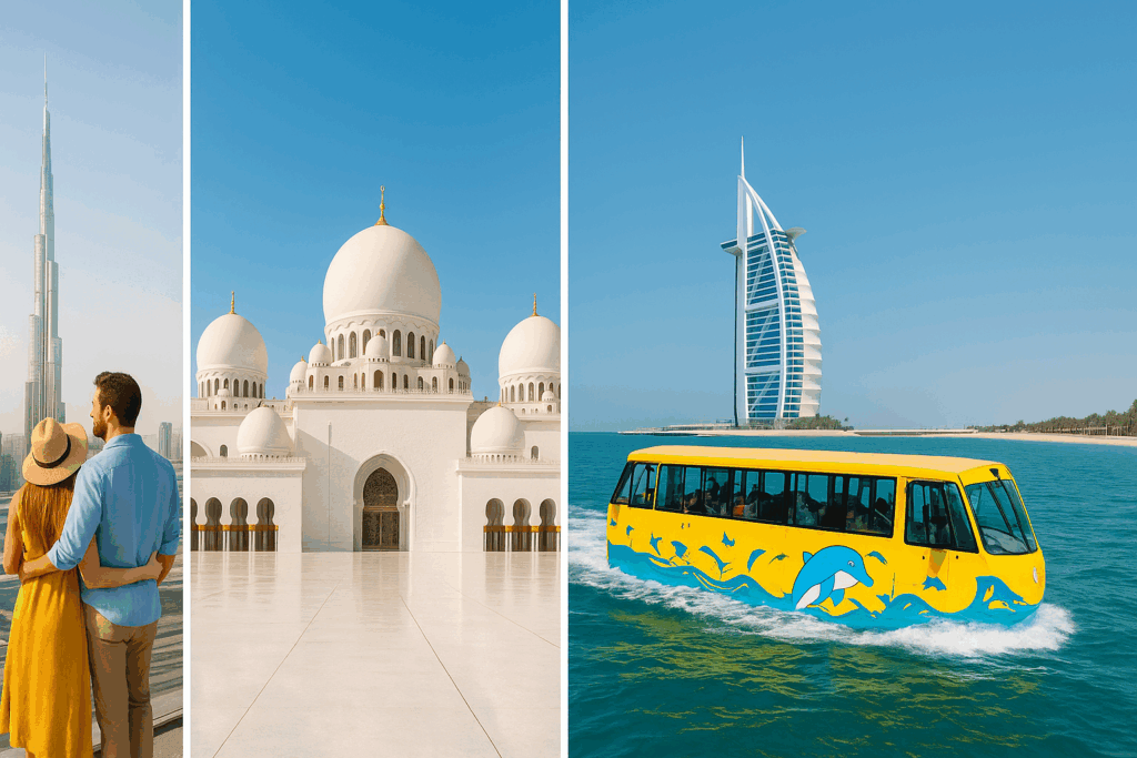 Famous UAE tourist attractions including Burj Khalifa, Sheikh Zayed Grand Mosque, and Burj Al Arab.