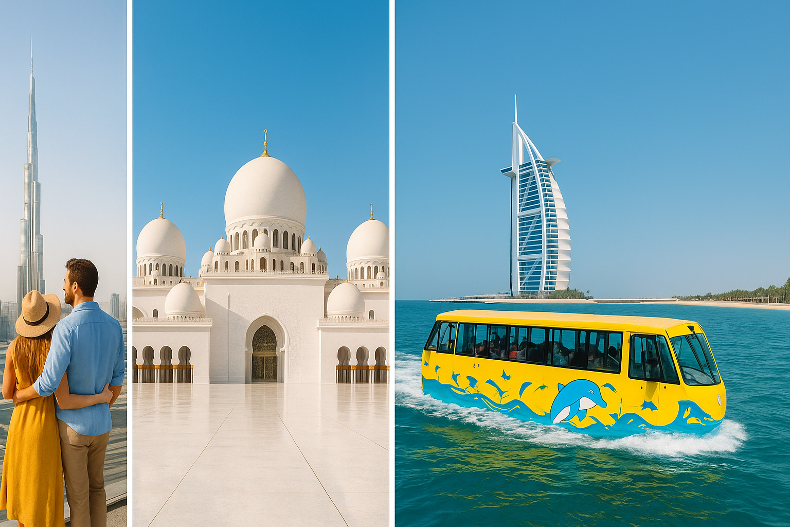 Famous UAE tourist attractions including Burj Khalifa, Sheikh Zayed Grand Mosque, and Burj Al Arab.