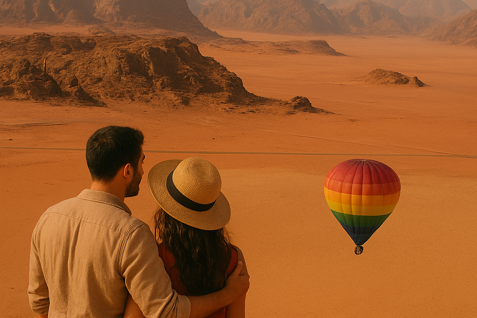 Colorful hot air balloon flying over golden desert mountains under clear sky during sunrise adventure in Dubai.