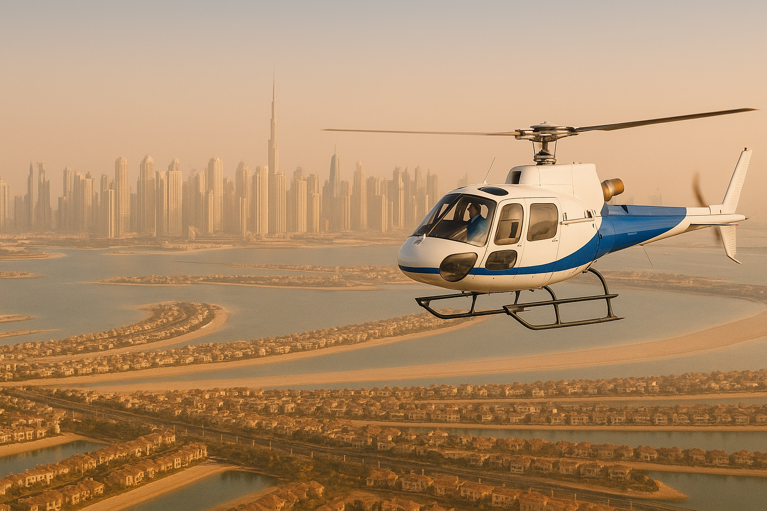 Helicopter flying over Palm Jumeirah