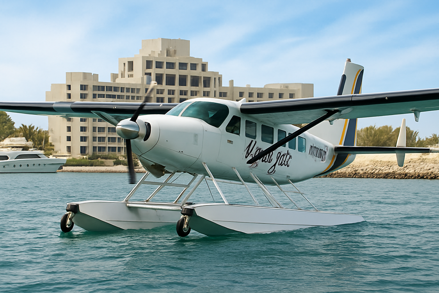 A white seaplane floating on turquoise blue water near a luxury seaside resort, ideal for scenic aerial tours and travel adventures