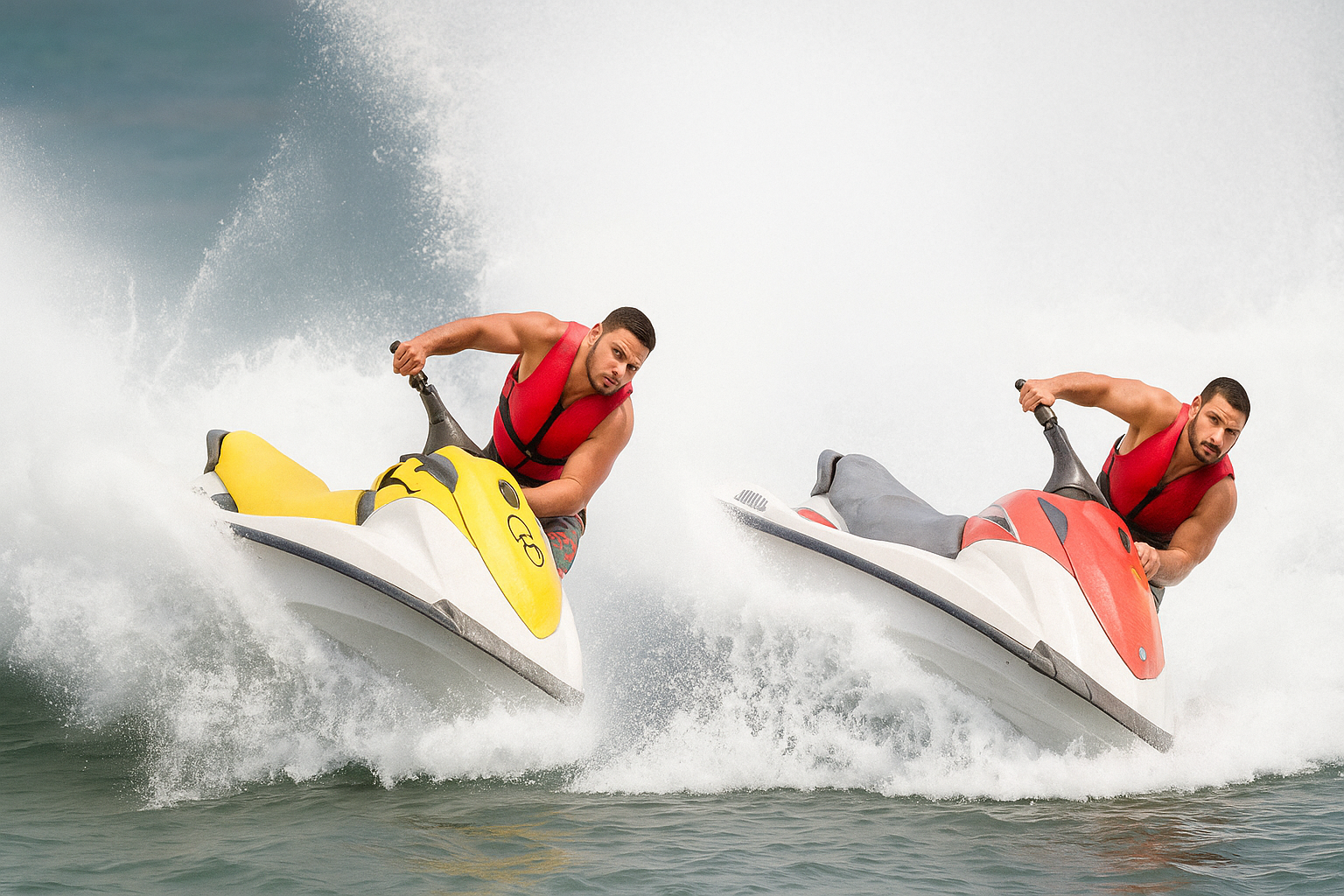 Two athletic men riding jet skis at high speed on ocean waves, wearing red life jackets, creating splashes during an exciting water sports race.