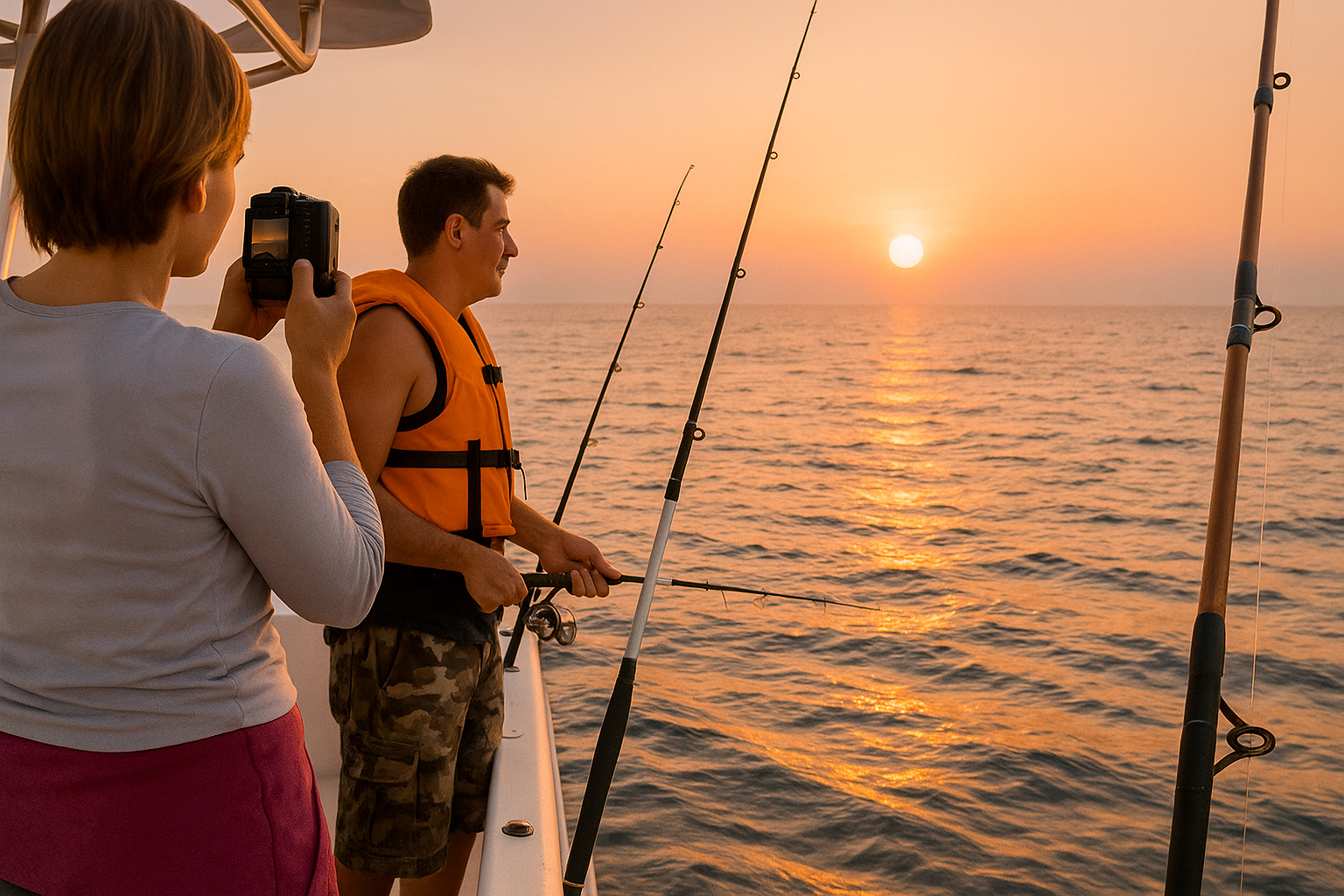Couple fishing on a boat at sunset over calm ocean waters