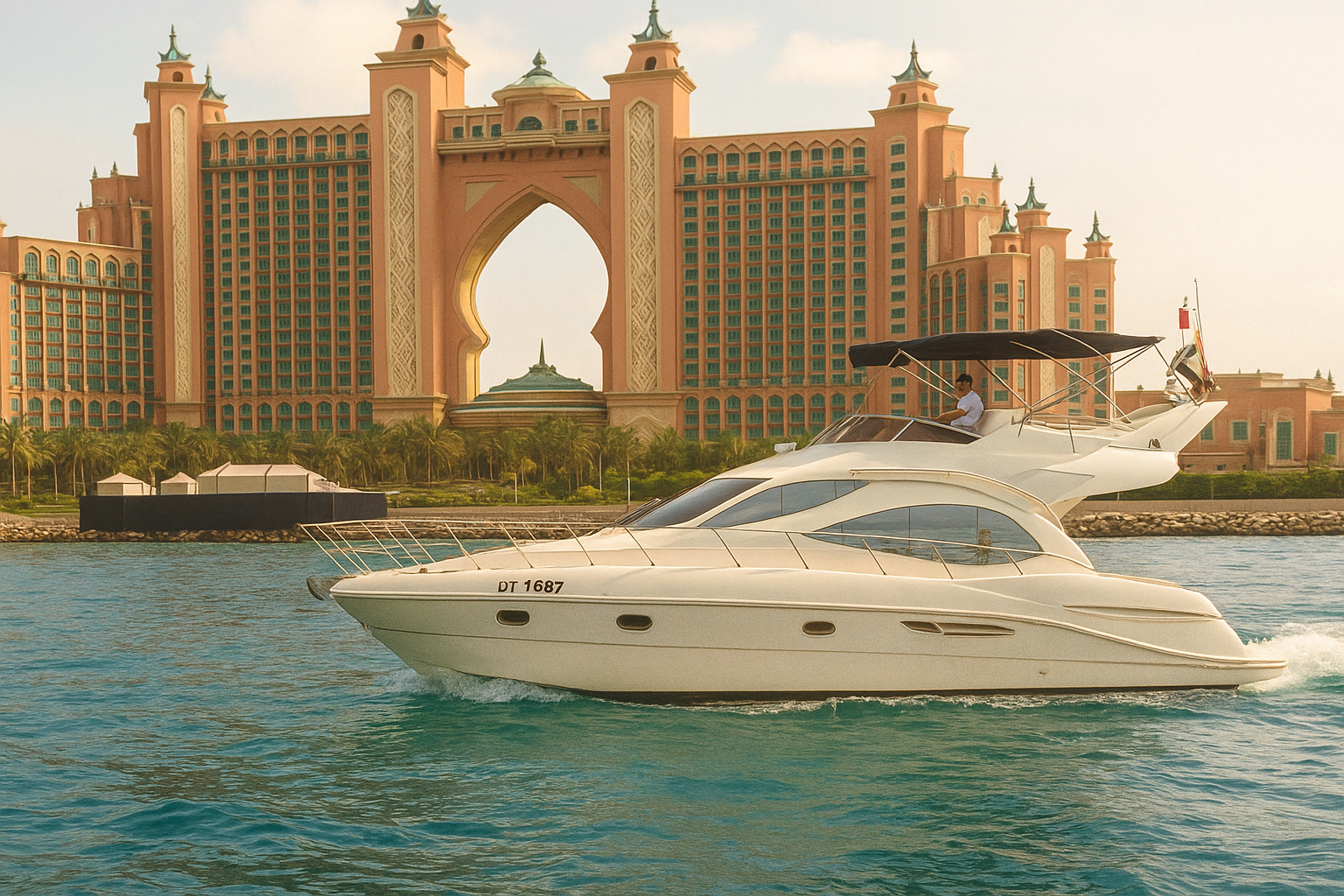 Luxury yacht sailing near Atlantis The Palm Dubai over turquoise water.