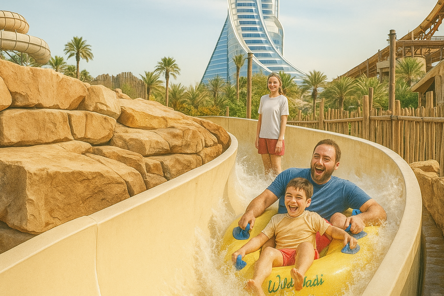 Family enjoying water slide at Wild Wadi Dubai water park