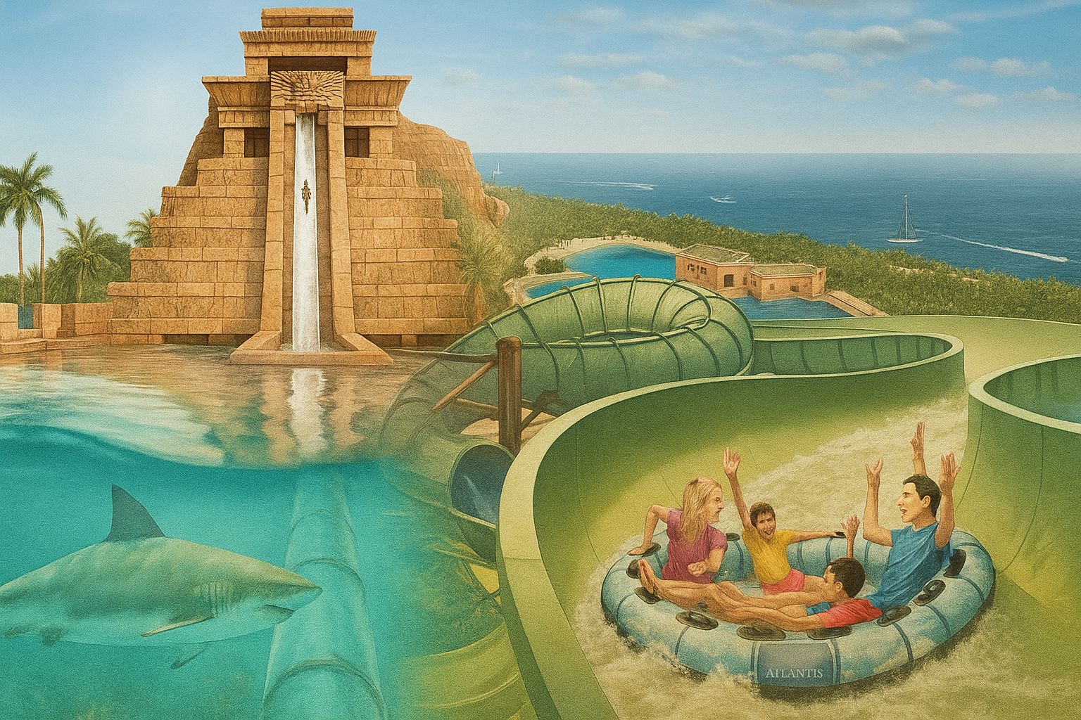 Family enjoying water slides at Atlantis Water Park Dubai near the shark lagoon and ocean view