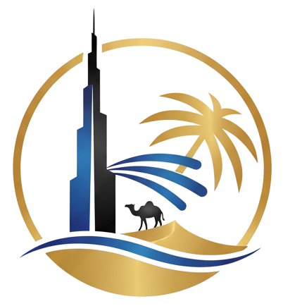 Dubai Best Travel logo with Burj Khalifa, palm tree, desert dunes and waves representing Dubai tours and travel services