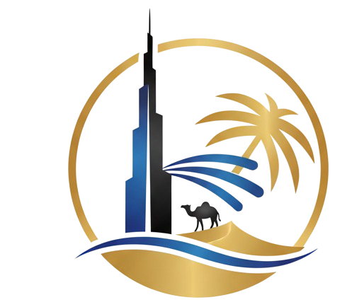 Dubai Best Travel logo with Burj Khalifa, palm tree, desert dunes and waves representing Dubai tours and travel services