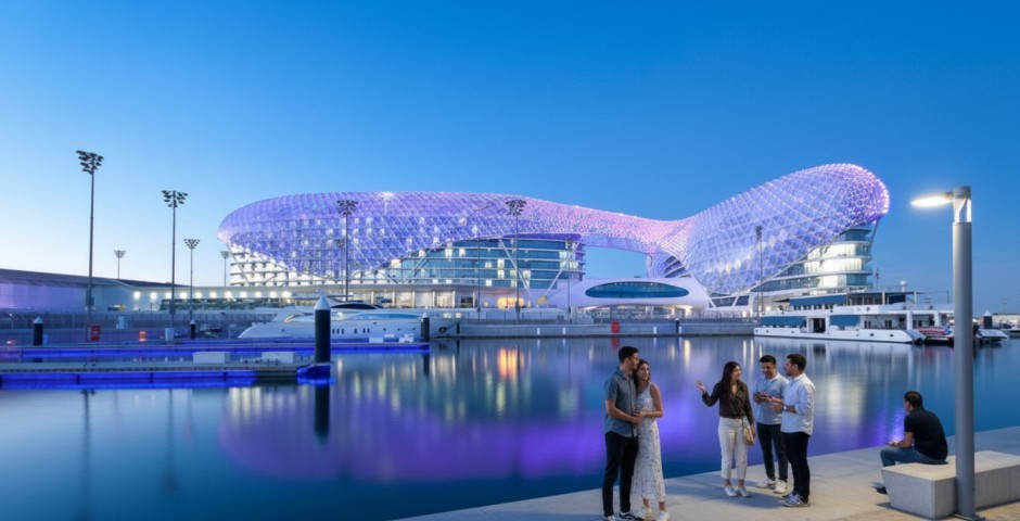 Night view of Yas Marina in Abu Dhabi with modern architecture, glowing purple lights, luxury yachts, and visitors enjoying the waterfront scenery.