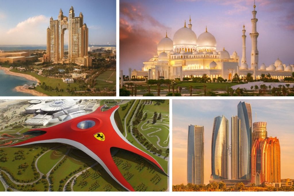 A vibrant collage of famous Abu Dhabi attractions including Emirates Palace, Sheikh Zayed Grand Mosque, Ferrari World’s red roof, and the modern Etihad Towers, shown in warm natural light