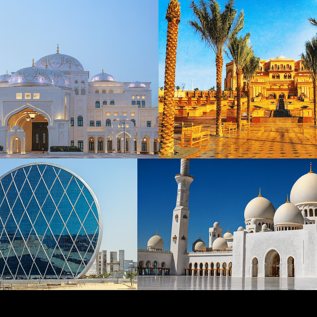 A collage of famous UAE landmarks including Qasr Al Watan Palace, Sheikh Zayed Grand Mosque, Al Qasr Dubai resort, and the Aldar Headquarters building.